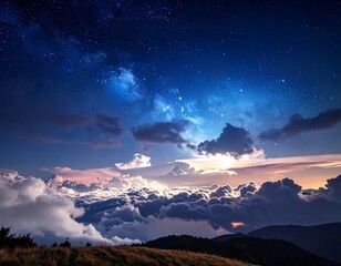 Stunning nighttime landscape starry sky above mountain clouds
