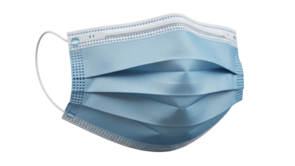 A light blue disposable surgical face mask with pleats and ear loops, isolated on a white background.