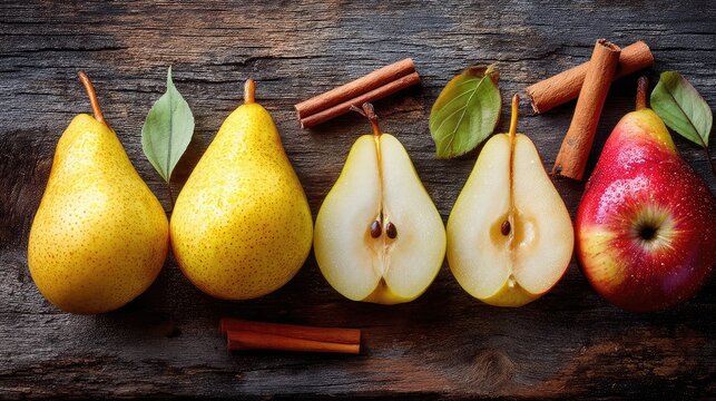 Fresh pears and apple with cinnamon sticks and green leaves on rustic wooden surface, healthy snack or natural food concept, autumn harvest display