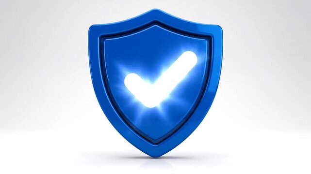 Cinematic 3D cartoon safety shield icon with a prominent check mark in perspective view, featuring vibrant blue glossy textures and modern digital security symbol design for web protection.