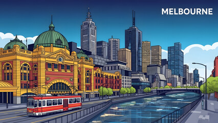 Obraz premium the artistic Melbourne city skyline featuring historical Flinders Street Station and modern high-rise skyscrapers in a colorful Australian urban landscape.