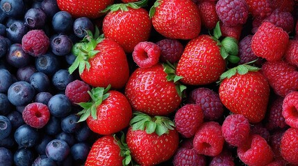 Fototapeta premium Fresh and Juicy Berries Display on Wooden Surface with Strawberries, Blueberries, and Raspberries Perfect for Summer Recipes and Healthy Desserts