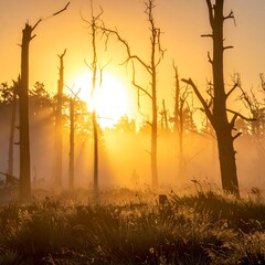 Sun bursts through foggy forest with silhouetted trees