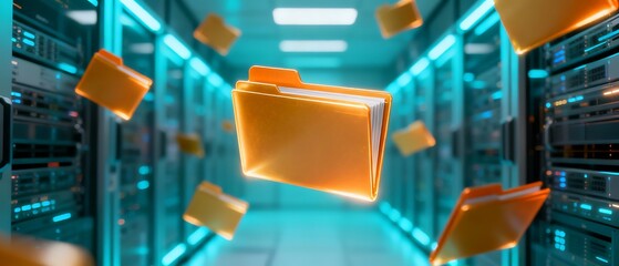 Glowing digital file floating in virtual cyberspace, representing cloud storage, data flow, secure information management, modern technology, network system, digital archive, automated processing.