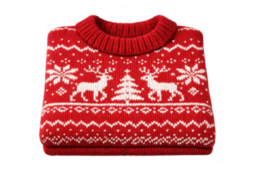 Red christmas sweater with reindeer and snowflake pattern, folded winter knitwear for holiday season celebration, transparent background
