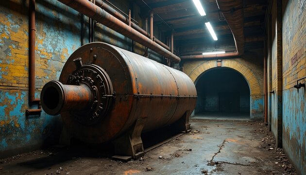 Large rusty boiler sits in abandoned factory basement. Pipes and peeling paint on brick walls create grim atmosphere. Arched doorway leads to dark empty corridor.
