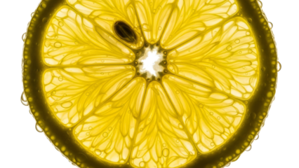 Close-up of a backlit lemon slice with water droplets on its rind, revealing its intricate internal structure.