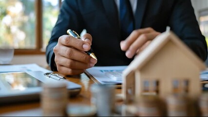 Real Estate Investment Growth: Coins, House Model, and Businessman Analyzing Finances