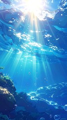 Sunny underwater view with light rays and bubbles