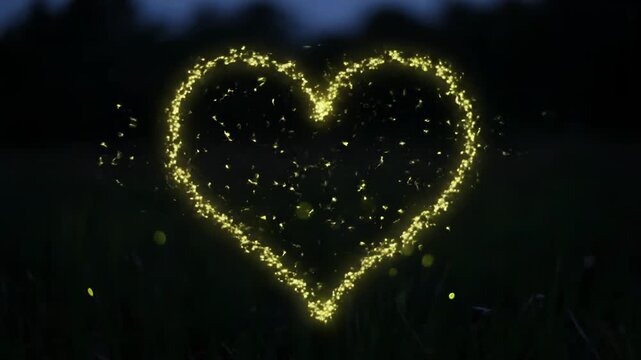 Fireflies forming a heart shape in a dark landscape at dusk from a distant viewpoint