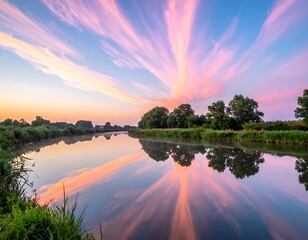 Sunrise over serene river with vibrant sky reflection