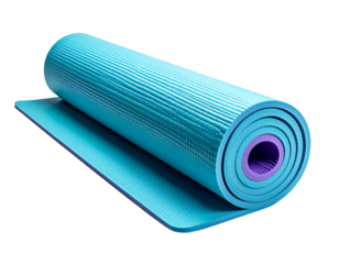 A partially unrolled turquoise yoga mat with a ribbed texture and a purple core, isolated on transparent background, png ready for exercise.