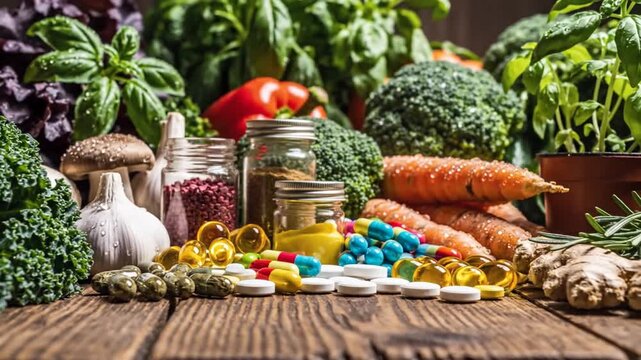 Cinematic slow-motion showcase of premium supplement containers featuring diverse vitamins, essential minerals, and organic herbal products on a pharmacy display shelf for health and wellness.