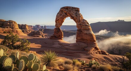 Natural sandstone arch formation stands prominently in an arid landscape during sunrise illumination