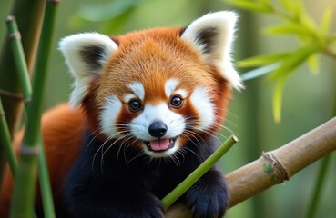 Obraz premium Red panda sits on bamboo branch. Small mammal with fluffy fur, white markings, and bushy tail eats green bamboo shoots. Cute wild animal in natural habitat during daytime.