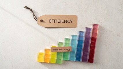 Conceptual representation of efficiency and measured energy illustrated with colorful blocks and labels on a light surface
