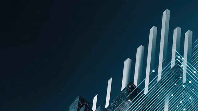 Modern city skyline with digital data visualization elements representing urban growth, technology advancement, and economic development at night