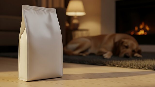 A white seed packet mockup stands on the floor beside a sleeping dog in a cozy living room with a fireplace