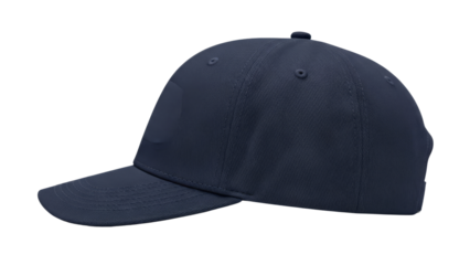 A plain navy blue baseball cap with a curved brim, viewed from a side angle. isolated on transparent background, png