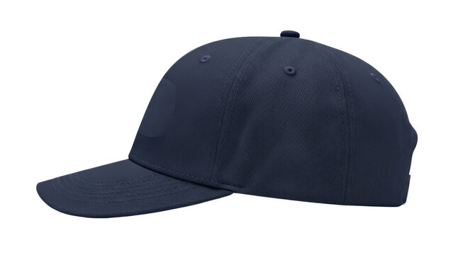 A plain navy blue baseball cap with a curved brim, viewed from a side angle. isolated on transparent background, png