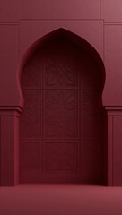 Fototapeta premium Elegant layered mosque architecture with refined Islamic geometry on deep burgundy matte background, soft amber highlights, calm spiritual mood, modern minimalist style, wide negative space for premiu