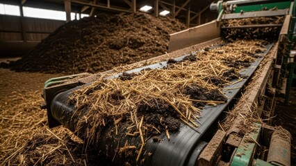 Earthy brown manure and straw are actively moving along an industrial conveyor belt, captured in a gritty medium shot inside a large agricultural processing barn.