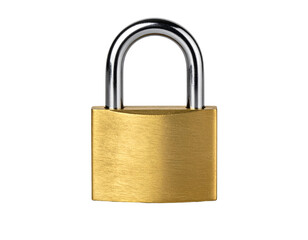 Naklejka premium A shiny brass padlock with a silver shackle standing upright isolated on transparent background, png, symbolizing security and protection.