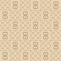 Seamless black and white geometric pattern with heart-shaped monogram motifs, luxury ornamental repeat background for fashion, textile, wallpaper and surface design.