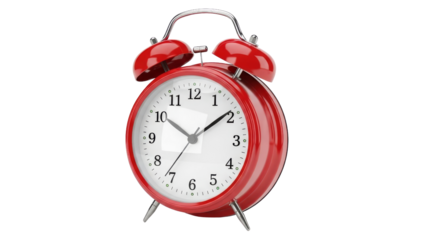 A vibrant red classic twin bell alarm clock with a white face and black numbers, showing the time. isolated on transparent background, png