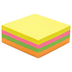 Stacked square memo papers in bright yellow pink green orange on transparent background