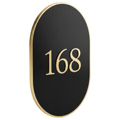 Elegant oval table number sign with gold lettering on transparent background