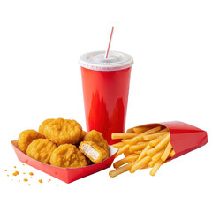 Fast food meal with chicken nuggets, french fries, and soda on transparent background