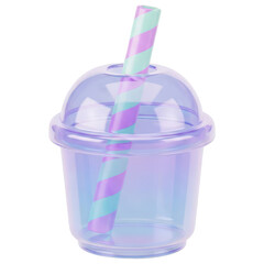 Cute pastel 3D drink cup icon with striped straw jelly texture on transparent background