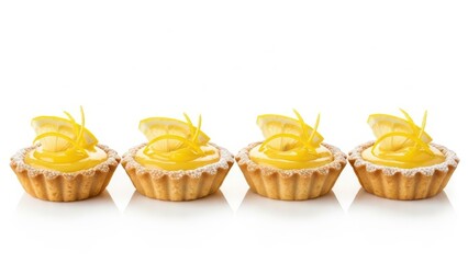 A row of four bright yellow lemon tartlets, featuring sweet curd and citrus zest, is captured in a clean, high-key studio composition isolated on white.