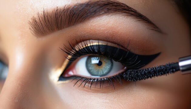 Woman applies black mascara to long lashes. Elegant eye makeup features winged eyeliner and gold accent. Close up beauty shot, soft studio lighting.