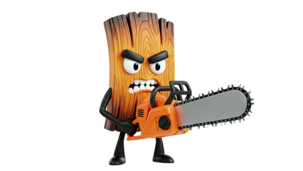 Angry Wooden Character Holding a Chainsaw