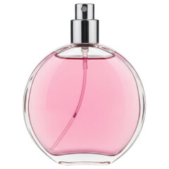 Round transparent glass perfume bottle with pink liquid on transparent background