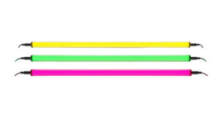 three parallel neon tubes (yellow, green, pink) casting intense volumetric light and reflection on a white infinity background with bloom effect. concept of technological sleekness