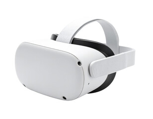 A white standalone virtual reality headset with a head strap, viewed from an angle. isolated on transparent background, png