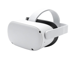 A white standalone virtual reality headset with a head strap, viewed from an angle. isolated on transparent background, png
