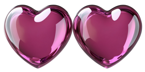 Romantic valentine hearts, shiny purple love symbols, isolated on transparent background