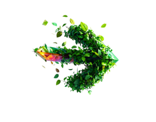 A crystalline arrow covered in vibrant green foliage, isolated on black