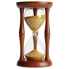 Hourglass sand timer with glass bulbs and golden sand on transparent background