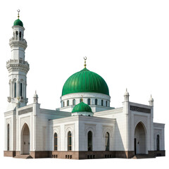 White mosque building with green dome and minaret on transparent background