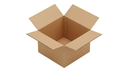 An empty, open, brown cardboard box with flaps extended upwards, ready for packing or storage, isolated on transparent background, png