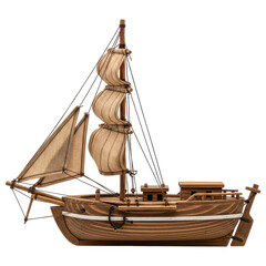 Small vintage wooden ship model with mast and sails on transparent background