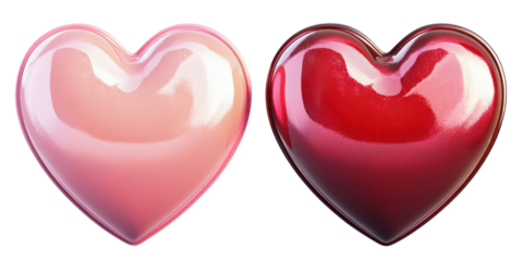 Valentine hearts, love symbols, romantic icons, shiny 3d designs, isolated on transparent background
