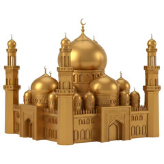 Golden Islamic 3D icon mosque building with domes and minarets on transparent background