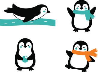 Obraz premium Cartoon penguin illustration, playful penguins, sliding, dancing, scarf, ball, ice, cute animals, winter theme, decorative design, vector art