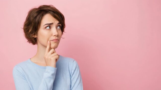 Thoughtful young woman contemplating decisions against a pink background for lifestyle and self-improvement themes